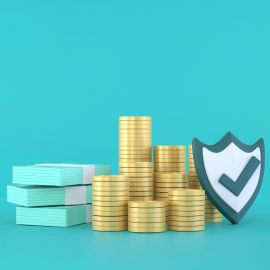 Illustration of gold coins stacked with a shield and check mark on a blue background, highlighting asset protection for Amazon sellers.