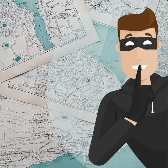 A masked man points to a map, highlighting areas related to overseas infringers with his finger raised.