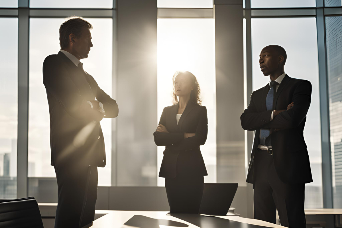 Three business individuals gather near a large window, engaged in a conversation about the current state of company data.